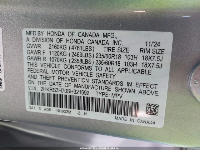 Auction sale of the 2025 Honda Cr-v Ex-l 2wd, vin: 2HKRS3H70SH321692, lot number: 46243715