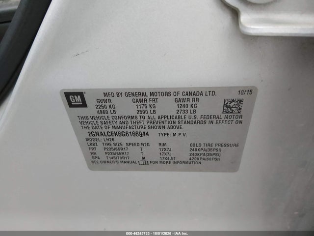 Продаж на аукціоні авто 2016 Chevrolet Equinox Lt, vin: 2GNALCEK6G6166944, номер лоту: 46243723
