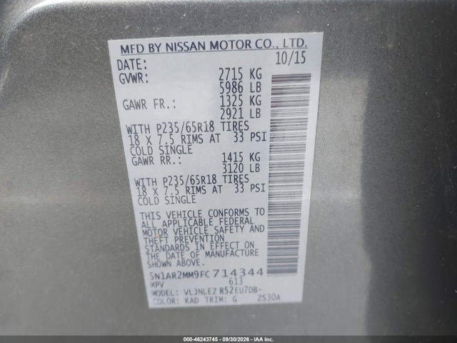46243745 :رقم المزاد ، 5N1AR2MM9FC714344 vin ، 2015 Nissan Pathfinder Sv مزاد بيع