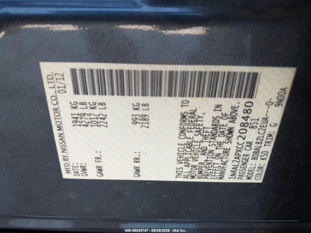 2012 Nissan Altima 2.5 S მანქანა იყიდება აუქციონზე, vin: 1N4AL2APXCC208480, აუქციონის ნომერი: 46243747
