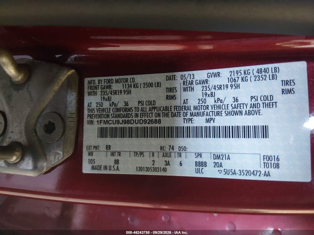 46243758 :رقم المزاد ، 1FMCU9J98DUD92688 vin ، 2013 Ford Escape Titanium مزاد بيع