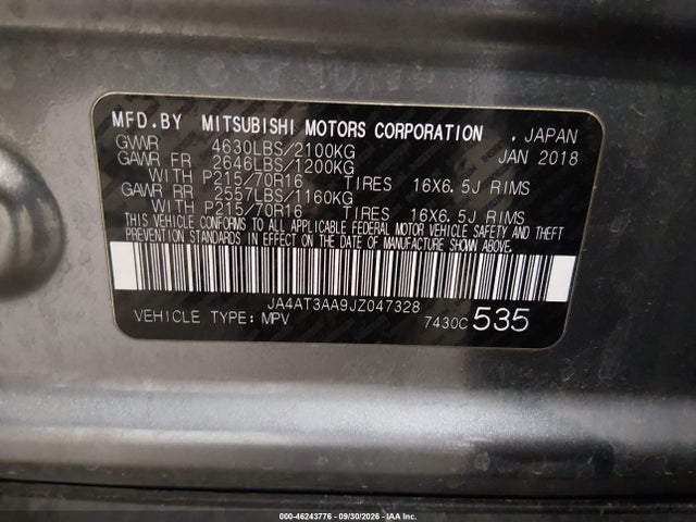 46243776 :رقم المزاد ، JA4AT3AA9JZ047328 vin ، 2018 Mitsubishi Eclipse Cross Es مزاد بيع