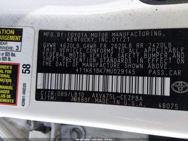 46243800 :رقم المزاد ، 4T1K61BK7MU029145 vin ، 2021 Toyota Camry Xse Awd مزاد بيع