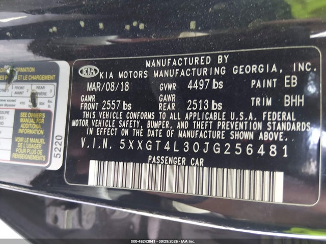 Aukcja sprzedaży 2018 Kia Optima Lx, vin: 5XXGT4L30JG256481, numer aukcji: 46243841
