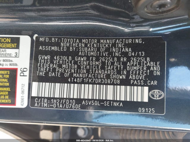46243843 :رقم المزاد ، 4T4BF1FK7DR308708 vin ، 2013 Toyota Camry Le مزاد بيع