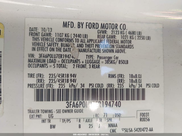 Aukcja sprzedaży 2014 Ford Fusion Hybrid Se, vin: 3FA6P0LU7ER194740, numer aukcji: 46243852