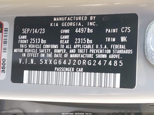 46243865 :رقم المزاد ، 5XXG64J20RG247485 vin ، 2024 Kia K5 Gt-line مزاد بيع