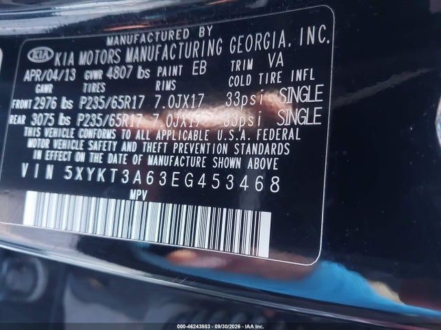 46243883 :رقم المزاد ، 5XYKT3A63EG453468 vin ، 2014 Kia Sorento Lx مزاد بيع