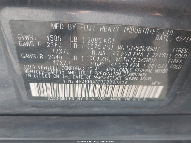 Subaru Outback 2.5i Premium 2014 4S4BRBCC3E3282314 Image 9