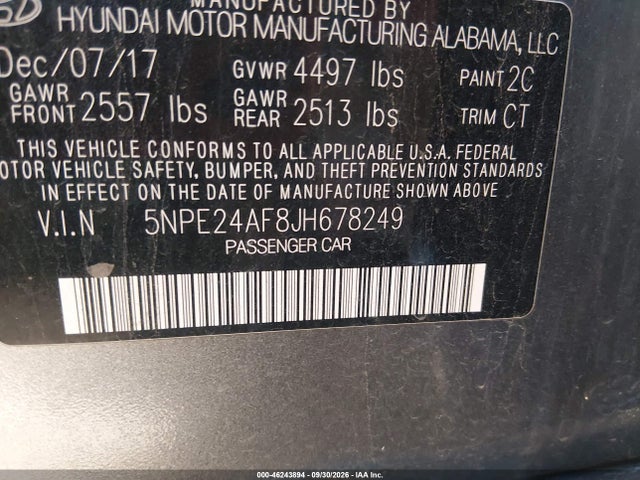 Aukcja sprzedaży 2018 Hyundai Sonata Se, vin: 5NPE24AF8JH678249, numer aukcji: 46243894