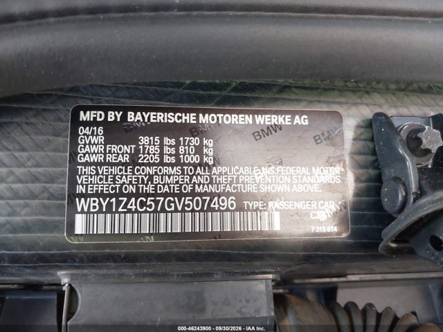 Aukcja sprzedaży 2016 Bmw I3 Base W/range Extender, vin: WBY1Z4C57GV507496, numer aukcji: 46243900