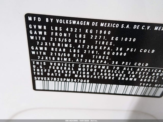 2023 Volkswagen Taos 1.5t Se მანქანა იყიდება აუქციონზე, vin: 3VVEX7B25PM347048, აუქციონის ნომერი: 46243906