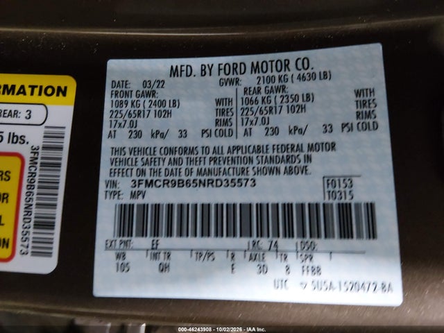 Продаж на аукціоні авто 2022 Ford Bronco Sport Big Bend, vin: 3FMCR9B65NRD35573, номер лоту: 46243908