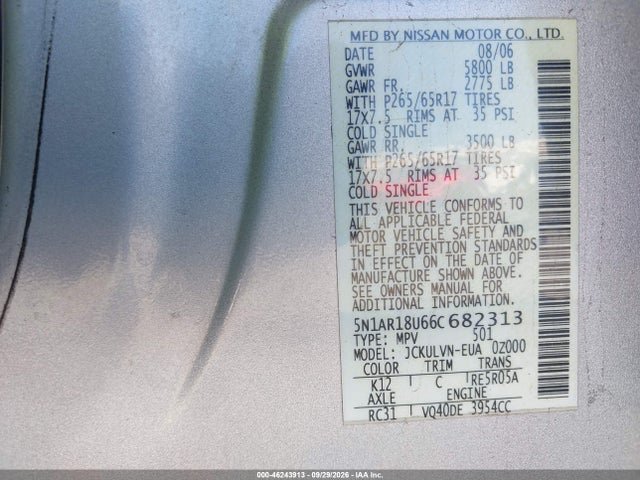 46243913 :رقم المزاد ، 5N1AR18U66C682313 vin ، 2006 Nissan Pathfinder Le مزاد بيع
