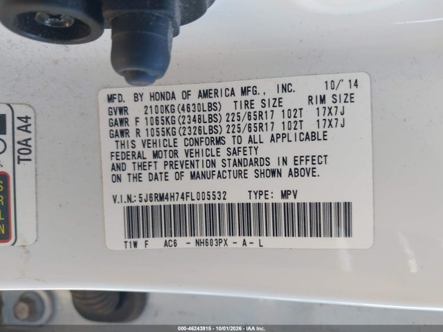 Продаж на аукціоні авто 2015 Honda Cr-v Ex-l, vin: 5J6RM4H74FL005532, номер лоту: 46243915