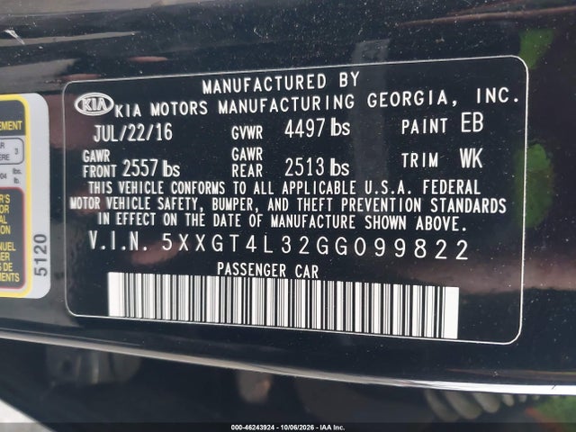 Aukcja sprzedaży 2016 Kia Optima Lx, vin: 5XXGT4L32GG099822, numer aukcji: 46243924