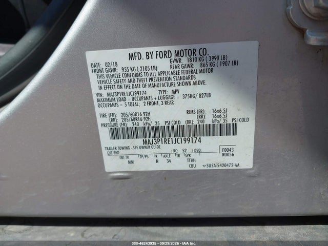 46243935 :رقم المزاد ، MAJ3P1RE1JC199174 vin ، 2018 Ford Ecosport S مزاد بيع