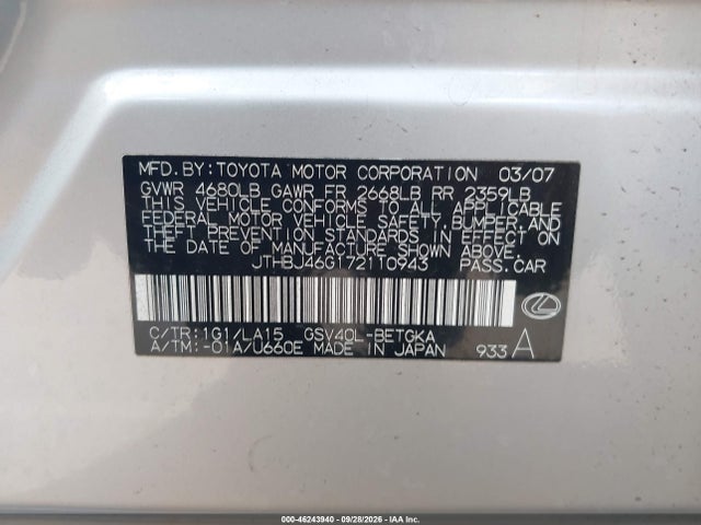 Aukcja sprzedaży 2007 Lexus Es 350, vin: JTHBJ46G172110943, numer aukcji: 46243940