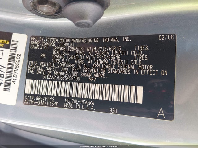 2006 Toyota Sienna Ce მანქანა იყიდება აუქციონზე, vin: 5TDZA23C66S459190, აუქციონის ნომერი: 46243941