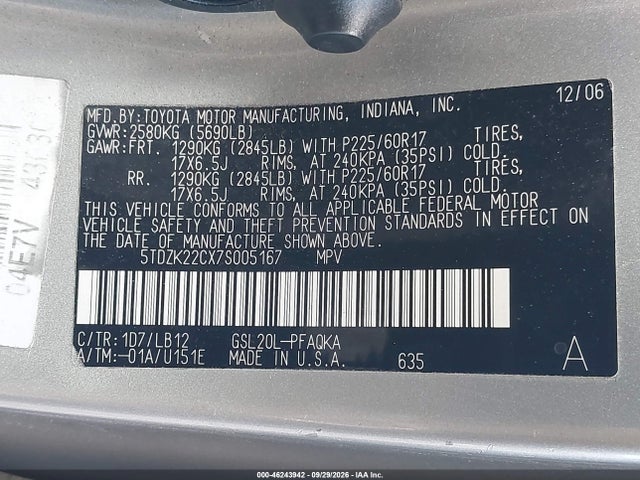 Aukcja sprzedaży 2007 Toyota Sienna Xle, vin: 5TDZK22CX7S005167, numer aukcji: 46243942