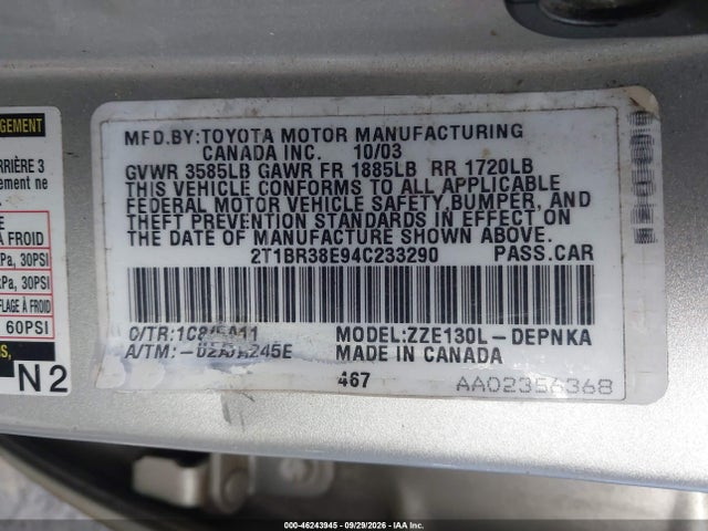 Aukcja sprzedaży 2004 Toyota Corolla Le, vin: 2T1BR38E94C233290, numer aukcji: 46243945