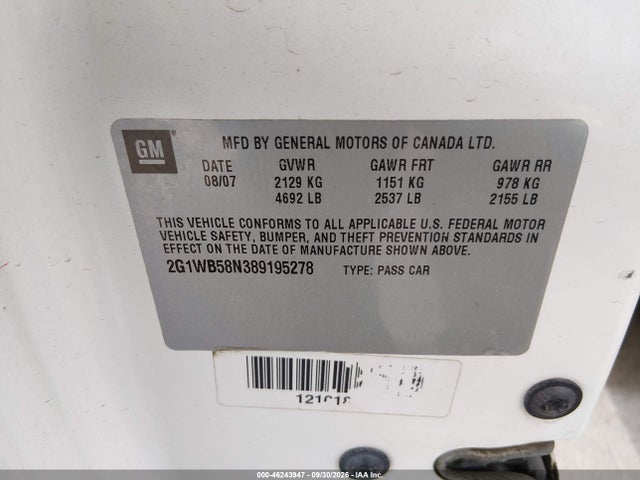 Aukcja sprzedaży 2008 Chevrolet Impala Ls, vin: 2G1WB58N389195278, numer aukcji: 46243947