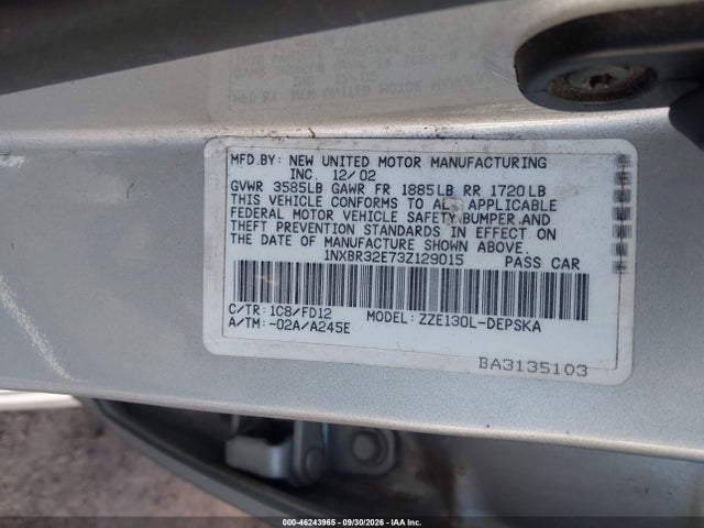 Продаж на аукціоні авто 2003 Toyota Corolla S, vin: 1NXBR32E73Z129015, номер лоту: 46243965
