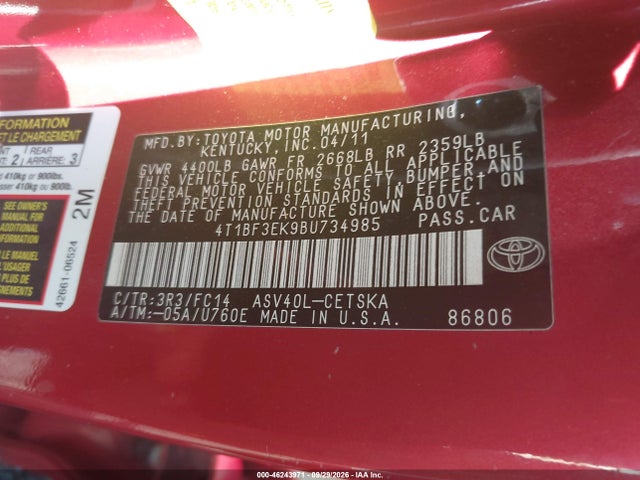 Продаж на аукціоні авто 2011 Toyota Camry Se, vin: 4T1BF3EK9BU734985, номер лоту: 46243971