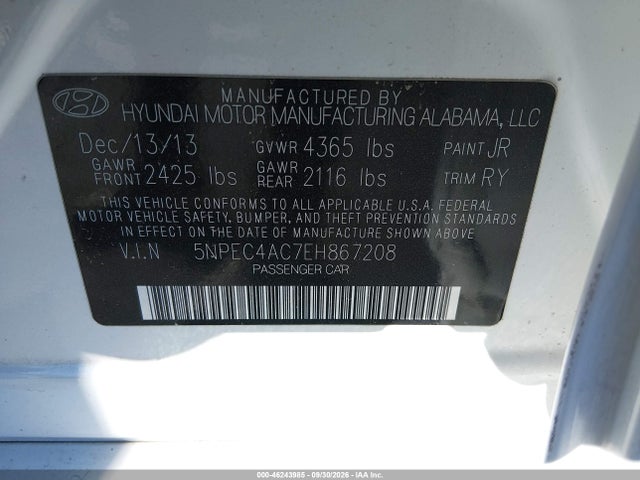 46243985 :رقم المزاد ، 5NPEC4AC7EH867208 vin ، 2014 Hyundai Sonata Se مزاد بيع