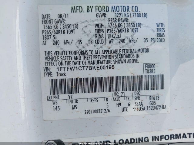 Aukcja sprzedaży 2011 Ford F-150 Xlt, vin: 1FTFW1CT7BKE00195, numer aukcji: 46243995