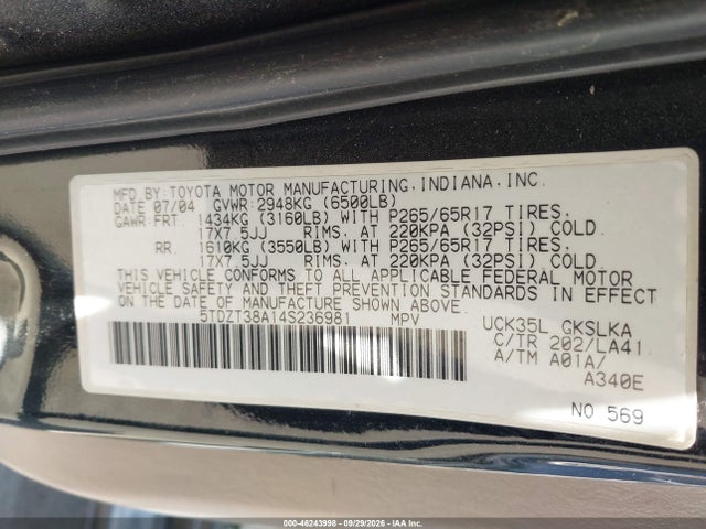 2004 Toyota Sequoia Limited V8 მანქანა იყიდება აუქციონზე, vin: 5TDZT38A14S236981, აუქციონის ნომერი: 46243998