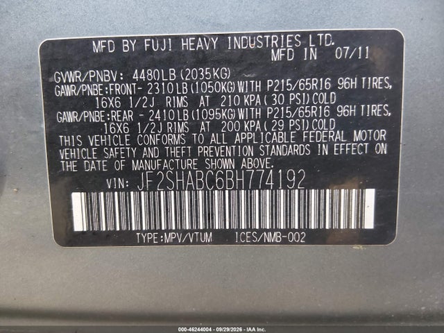 2011 Subaru Forester 2.5x მანქანა იყიდება აუქციონზე, vin: JF2SHABC6BH774192, აუქციონის ნომერი: 46244004