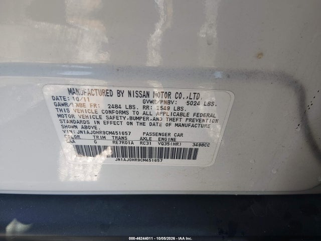 2012 Infiniti Ex35 Journey მანქანა იყიდება აუქციონზე, vin: JN1AJ0HR9CM451657, აუქციონის ნომერი: 46244011
