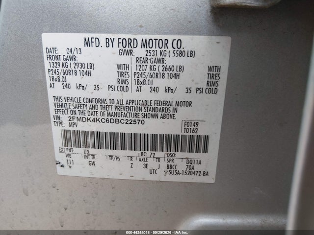 2013 Ford Edge Limited მანქანა იყიდება აუქციონზე, vin: 2FMDK4KC6DBC22570, აუქციონის ნომერი: 46244018