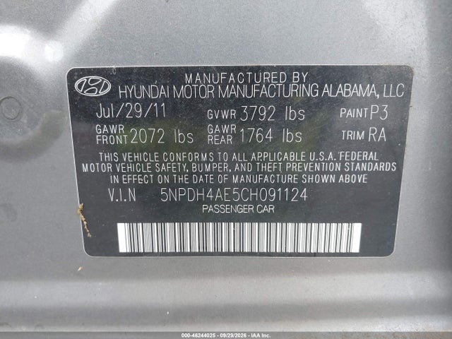 Продаж на аукціоні авто 2012 Hyundai Elantra Limited, vin: 5NPDH4AE5CH091124, номер лоту: 46244025