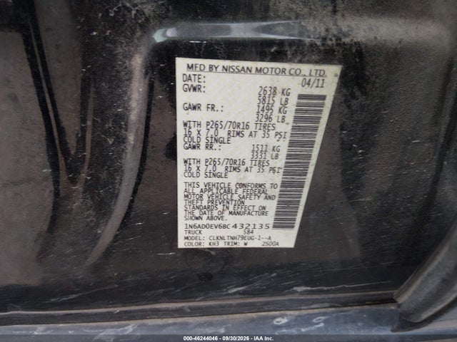 Aukcja sprzedaży 2011 Nissan Frontier Sv, vin: 1N6AD0EV6BC432135, numer aukcji: 46244046