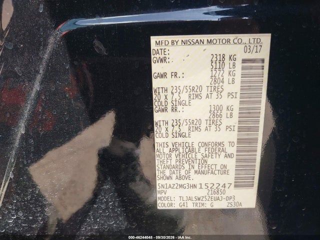 Aukcja sprzedaży 2017 Nissan Murano Platinum, vin: 5N1AZ2MG3HN152247, numer aukcji: 46244048
