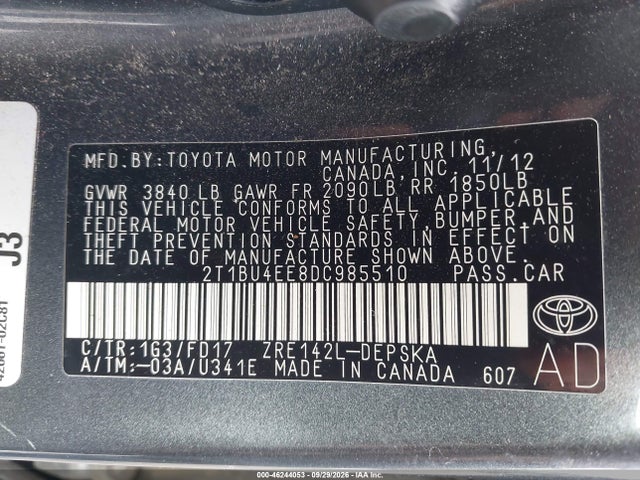 Aukcja sprzedaży 2013 Toyota Corolla S, vin: 2T1BU4EE8DC985510, numer aukcji: 46244053