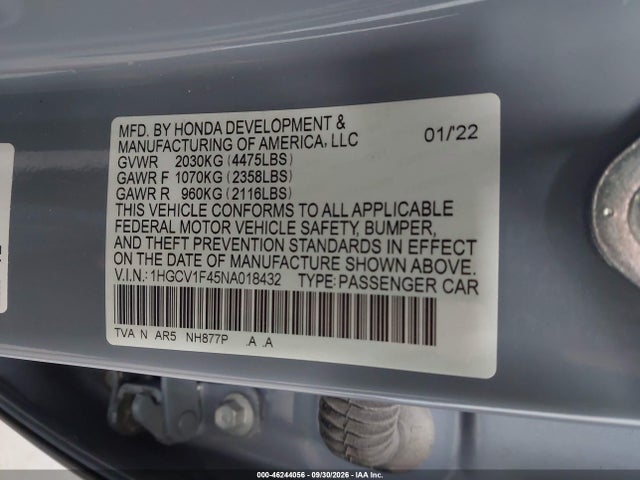 Продажа на аукционе авто 2022 Honda Accord Sport Special Edition, vin: 1HGCV1F45NA018432, номер лота: 46244056