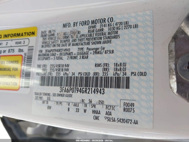 Ford FUSION SE 2016 3FA6P0T94GR214943 Image 9