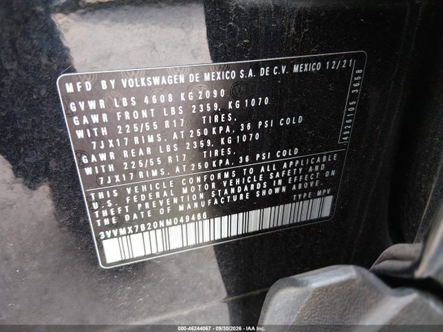 2022 Volkswagen Taos 1.5t S მანქანა იყიდება აუქციონზე, vin: 3VVMX7B20NM049466, აუქციონის ნომერი: 46244067