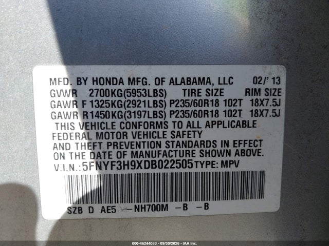 Продажа на аукционе авто 2013 Honda Pilot Touring, vin: 5FNYF3H9XDB022505, номер лота: 46244083