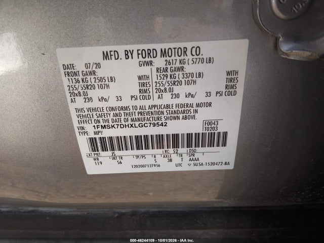 46244109 :رقم المزاد ، 1FMSK7DHXLGC79542 vin ، 2020 Ford Explorer Xlt مزاد بيع