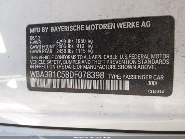 46244153 :رقم المزاد ، WBA3B1C58DF078398 vin ، 2013 Bmw 320i مزاد بيع