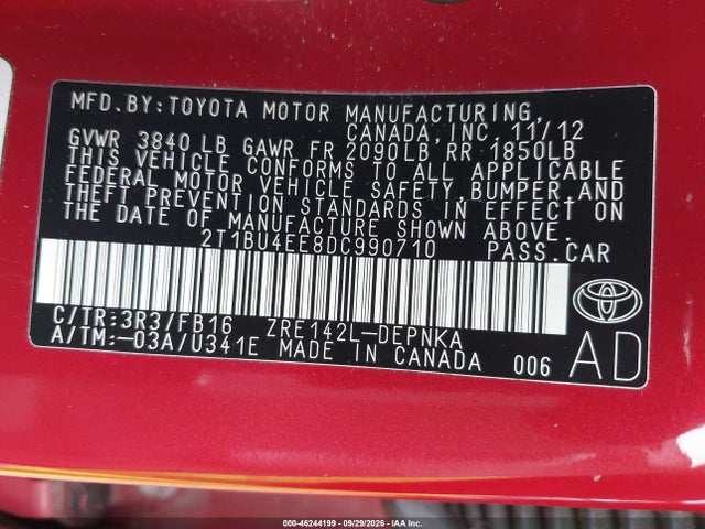 46244199 :رقم المزاد ، 2T1BU4EE8DC990710 vin ، 2013 Toyota Corolla Le مزاد بيع