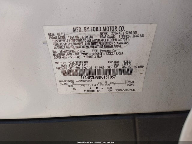 2013 Ford Taurus Sel მანქანა იყიდება აუქციონზე, vin: 1FAHP2E98DG151057, აუქციონის ნომერი: 46244200