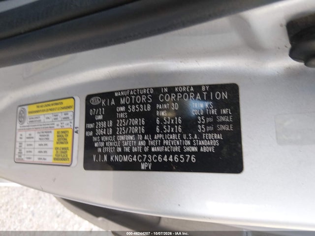 2012 Kia Sedona Lx მანქანა იყიდება აუქციონზე, vin: KNDMG4C73C6446576, აუქციონის ნომერი: 46244207