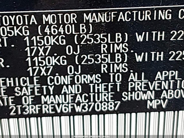 Продаж на аукціоні авто 2015 Toyota Rav4 Xle, vin: 2T3RFREV6FW370887, номер лоту: 46244209