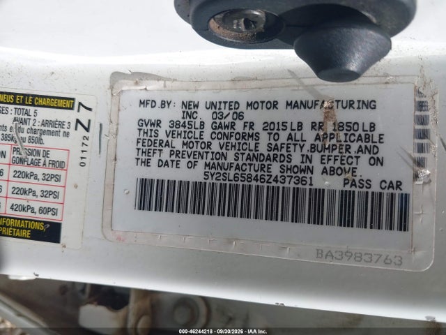2006 Pontiac Vibe მანქანა იყიდება აუქციონზე, vin: 5Y2SL65846Z437361, აუქციონის ნომერი: 46244218