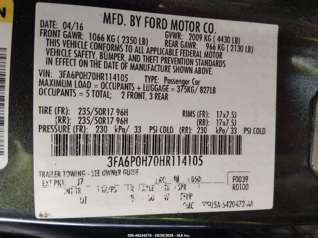 46244219 :رقم المزاد ، 3FA6P0H70HR114105 vin ، 2017 Ford Fusion Se مزاد بيع